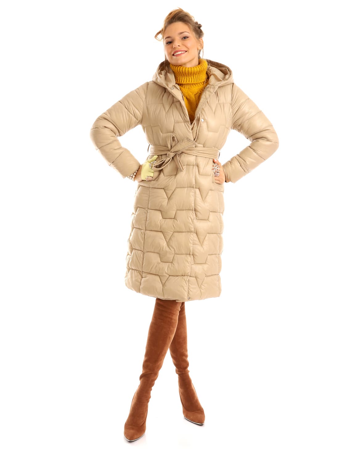 Пальто удлиненное стеганое с поясом бежевое Ispani — фото 5